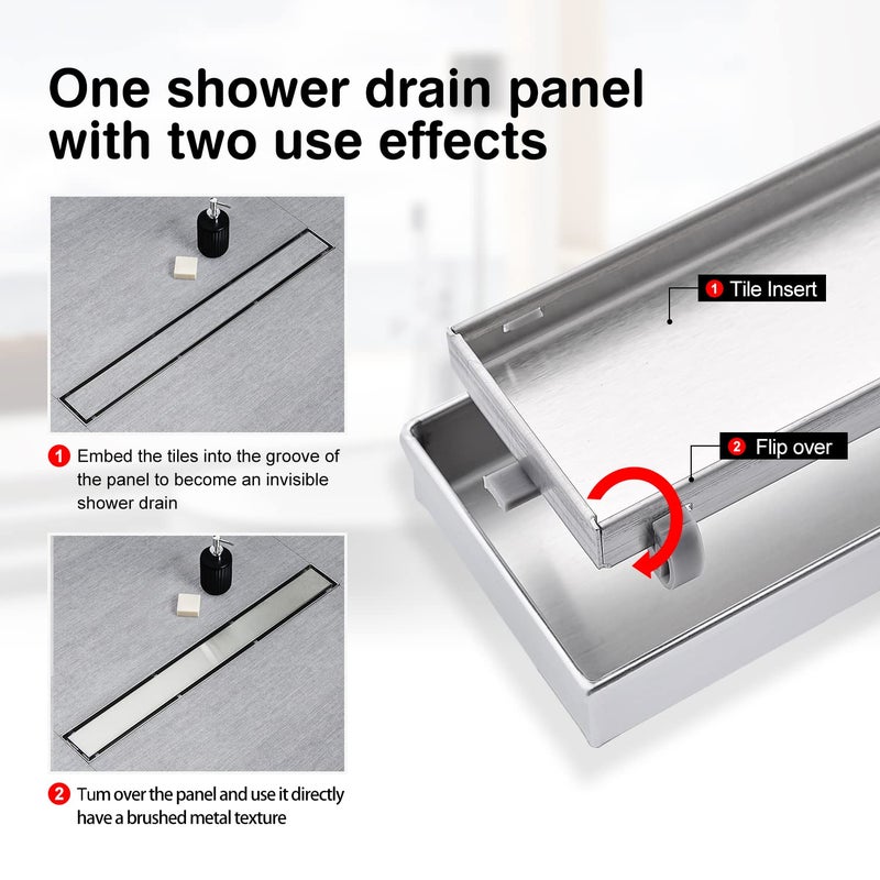 SaniteModar Linear Shower Drain, Linear Drain 24 inch Invisible 2 in 1 Tile Insert and Flat Cover, Brushed 304 Stainless Steel Shower Drain with Hair Strainer Adjustable Leveling Feet - Image 5